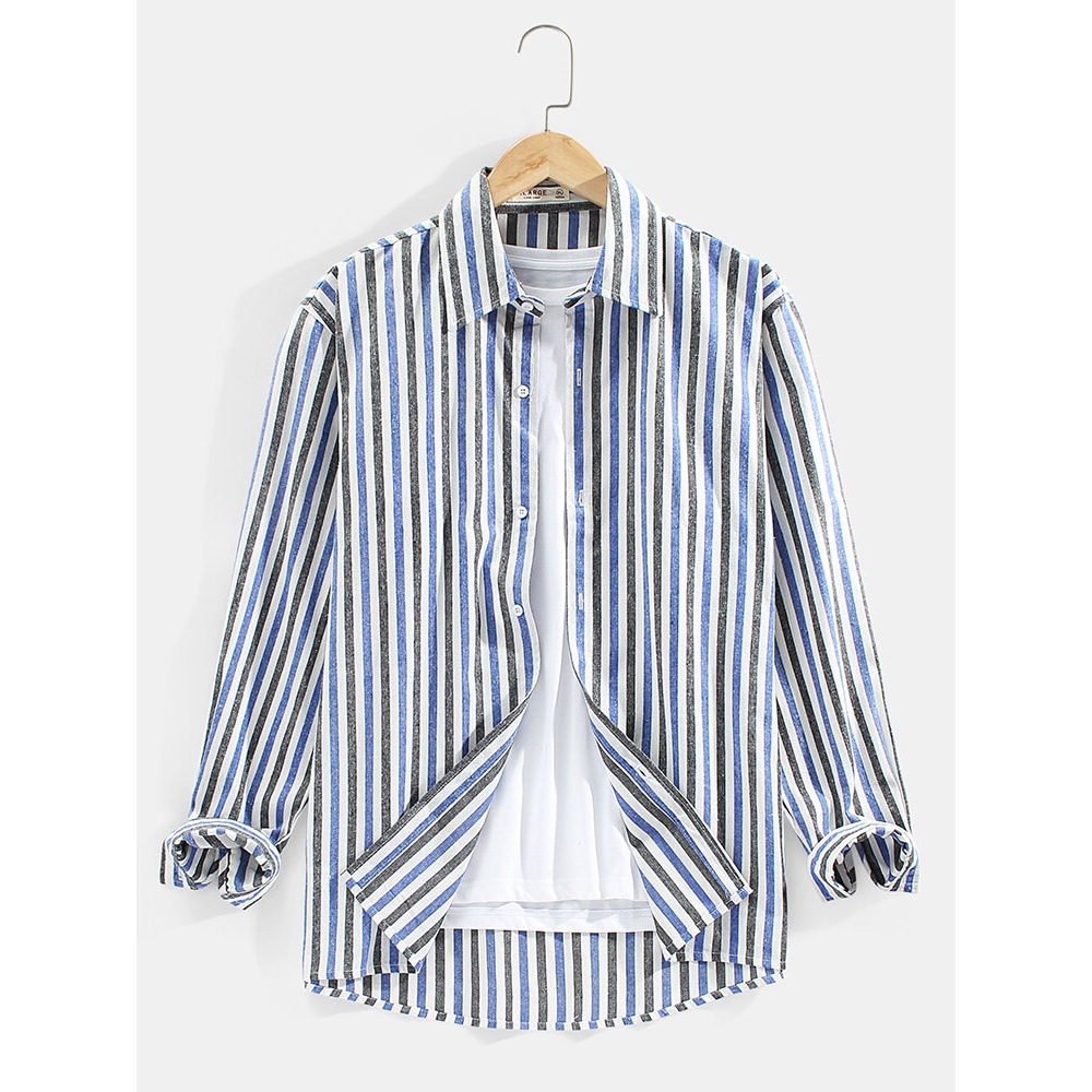 Mens Vertical Stripe Print Brief Style Casual Lapel Long Sleeve Shirt - Blue S