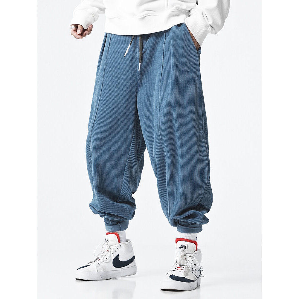Mens Corduroy Solid Color Drawstring Zipper Fly Casual Pants With Pocket - Blue S
