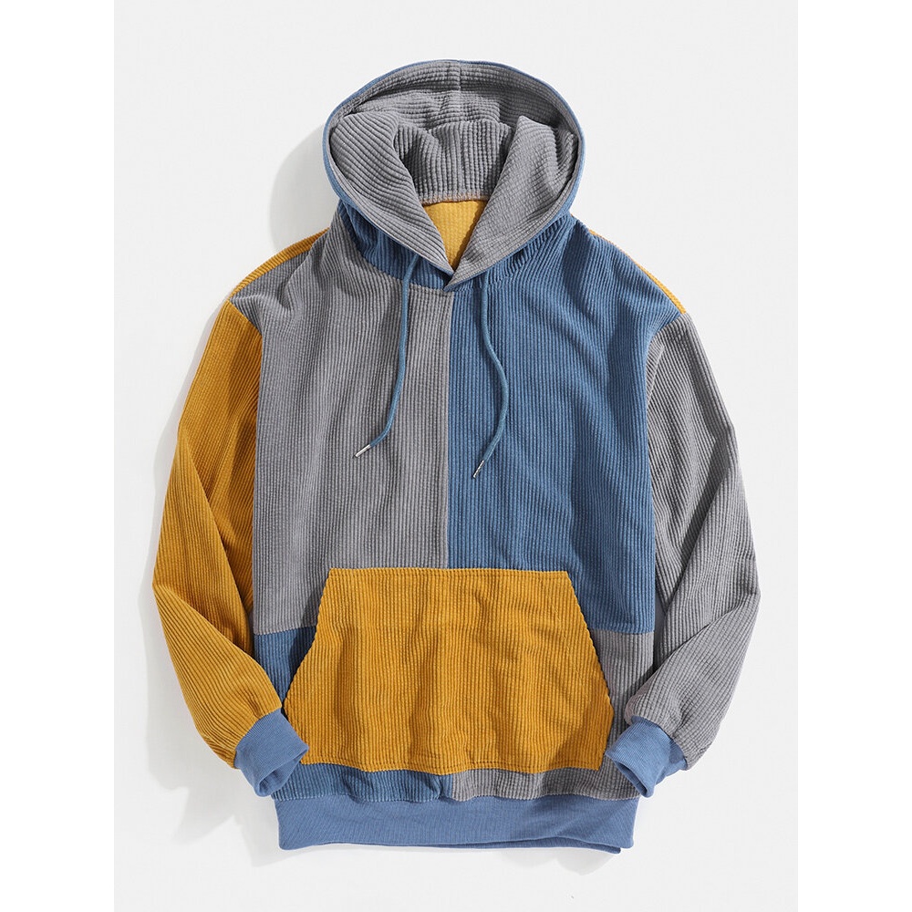 Corduroy Mens Patchwork Long Sleeve Design Hoodies With Kangaroo Pocket - Blue S