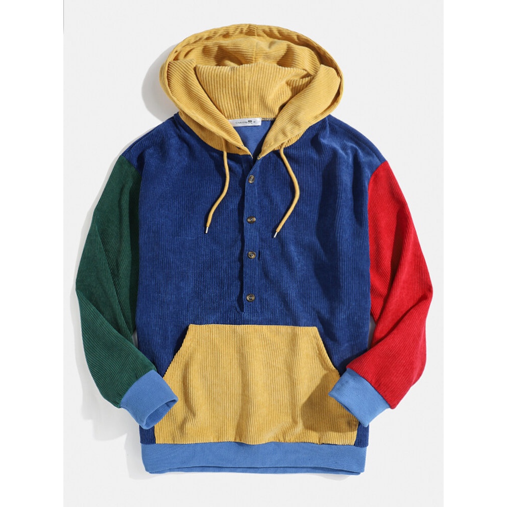 Mens Corduroy Colorblock Patchwork Half Button Pouch Pocket Drawstring Hoodies - S Blue