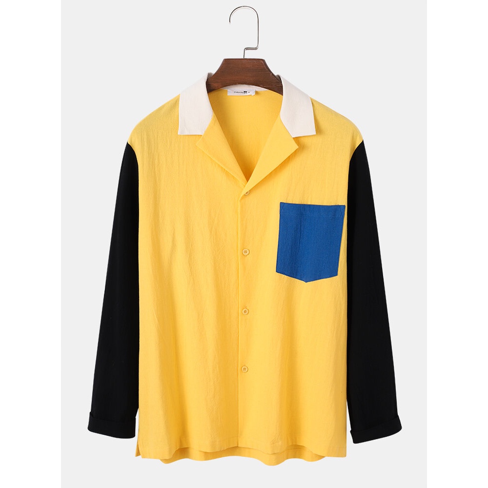 Mens 100% Cotton Contrast Color Patchwork Shirt With Pocket - Yellow S