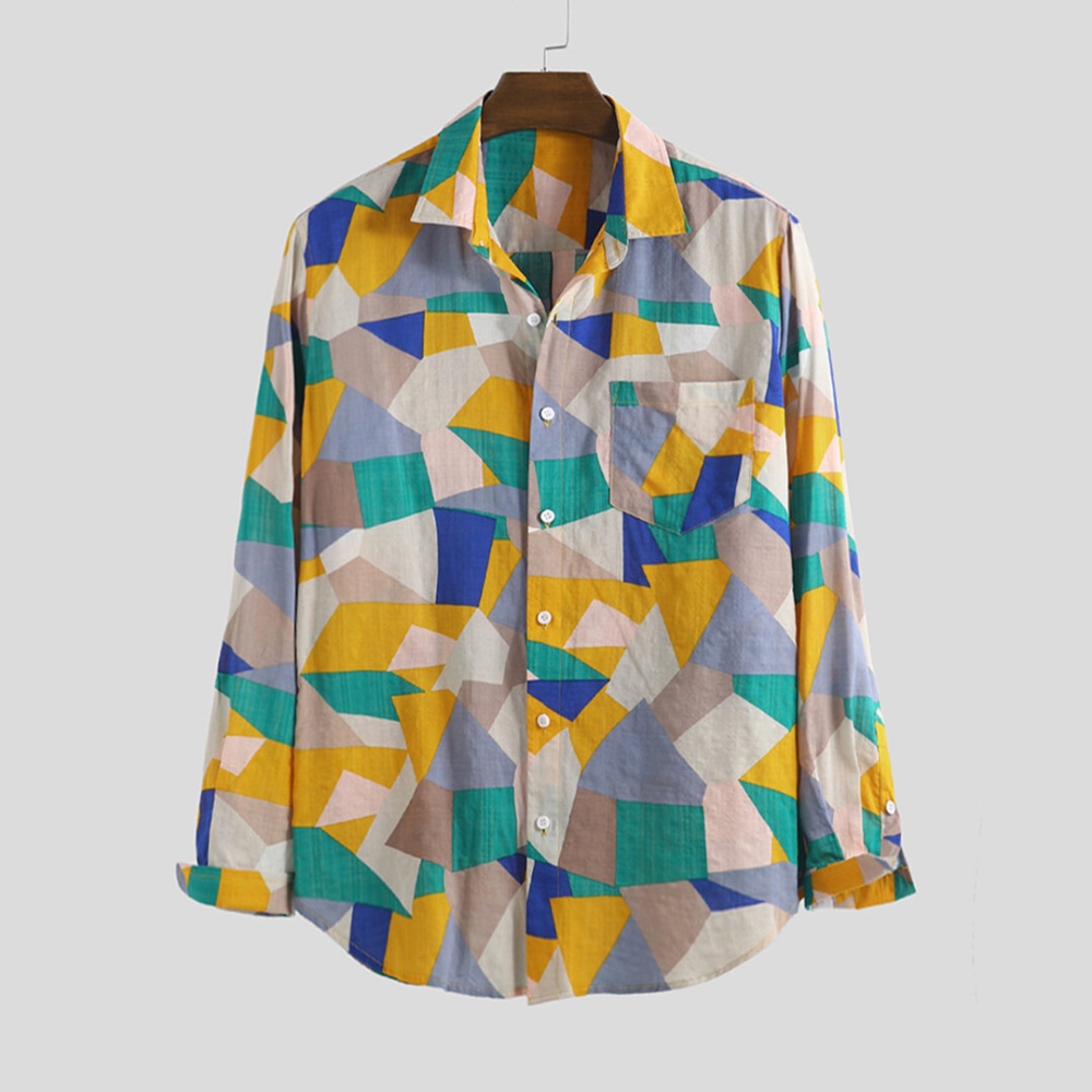 Autumn Multi Color Block Printing Long Sleeve Casual Shirts - M Yellow - Image 2