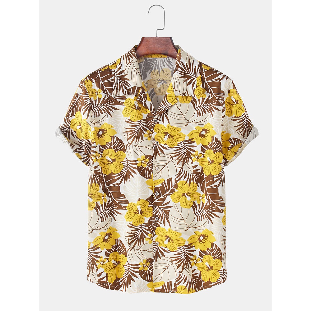 Mens Allover Floral Print Casual Loose Light Short Sleeve Shirts - Yellow S