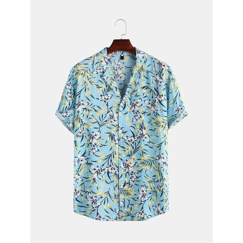 Mens Floral Printing Short Sleeve Breathable Casual Shirts - M Navy