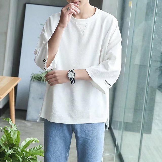 Seven-point Sleeve T-shirt Youth Loose Letter Printing Round - XL White