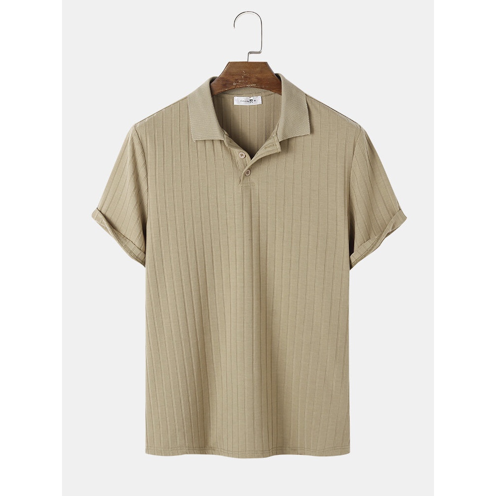 Mens Ribbed Texture Solid Color Short Sleeve Casual Golf Shirt - Khaki S