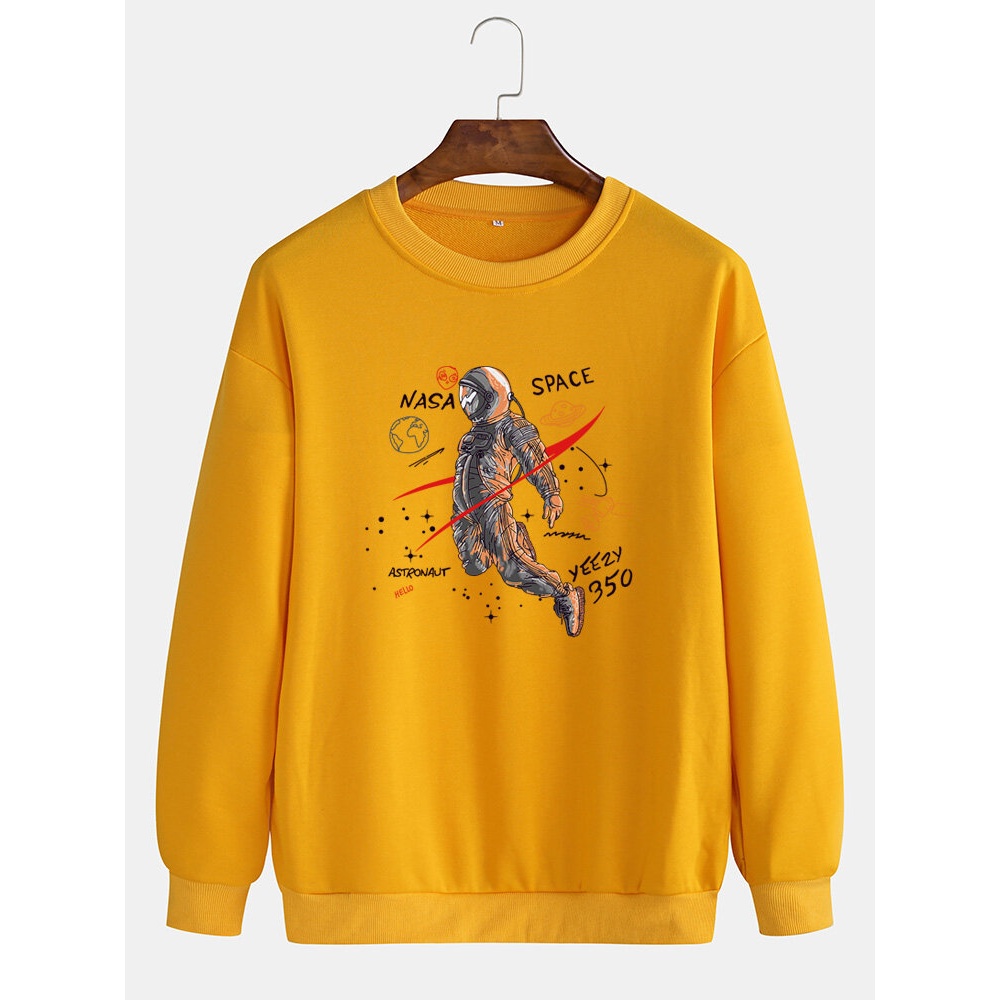 Mens Astronaut Print Pullover Drop Shoulder Long Sleeve Casual Sweatshirts - Yellow L