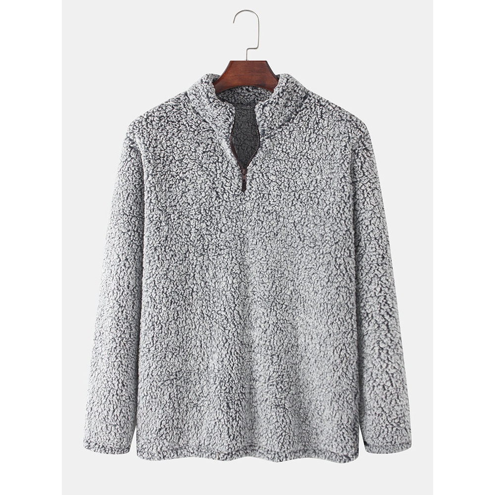Mens Warm Half Zipper Front Plush Teddy Pullover Sweatshirts - Blue L