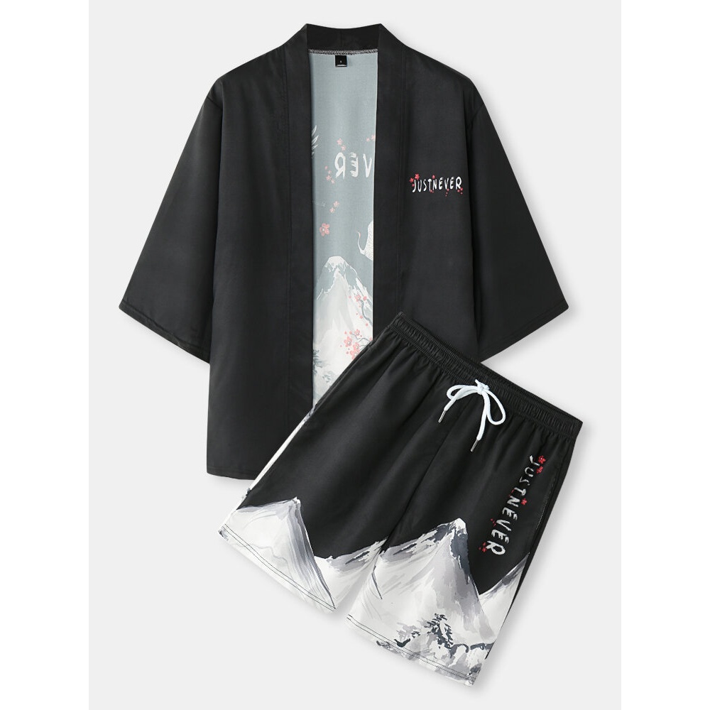 Mens Kimono Crane & Mountain Landscape Print Pocket Two Pieces Outfits - White S