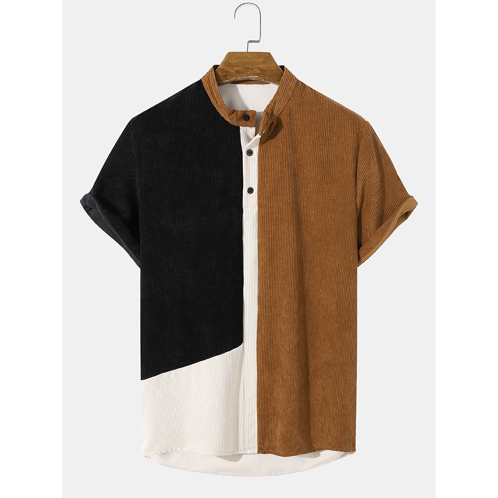 Mens Casual Patchwork Corduroy Stand Collar Shirts - Brown XL