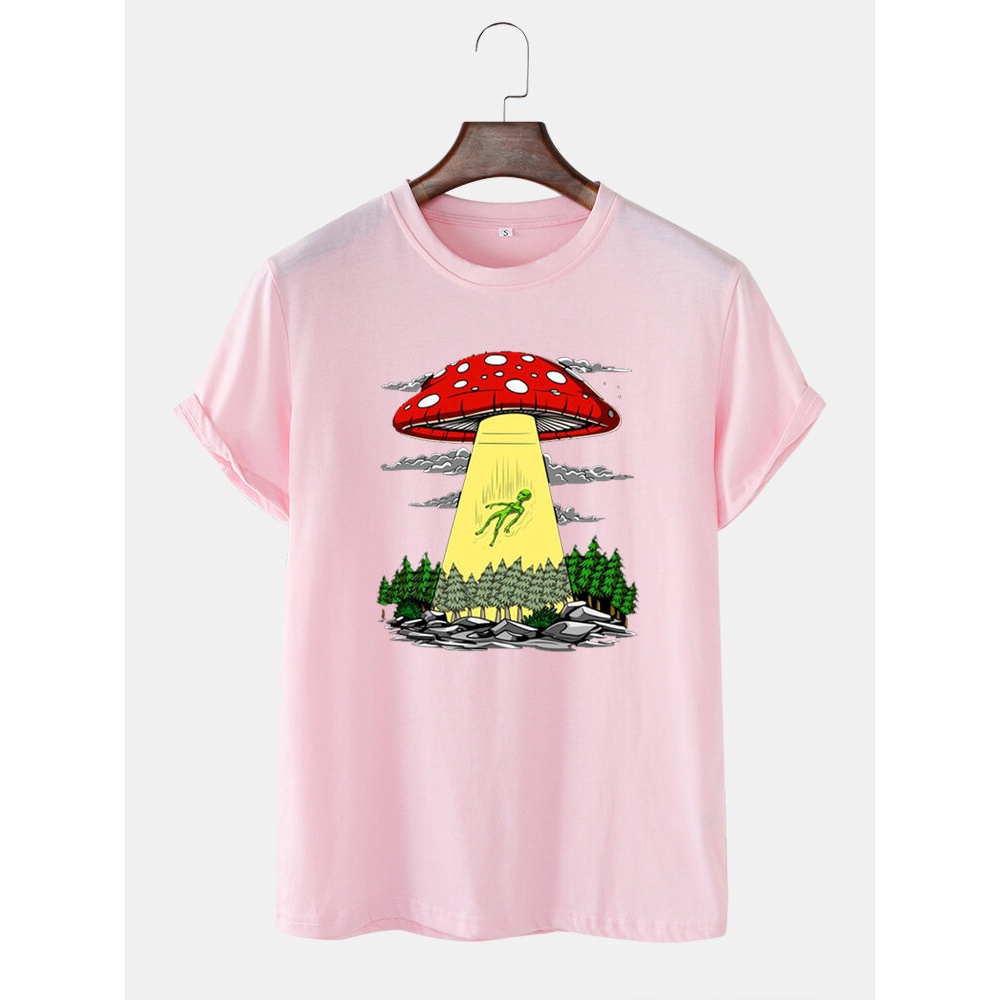 Mens Cartoon Mushroom Print Round Neck Short Sleeve T-Shirts - White S