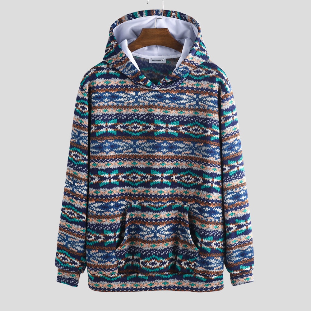 Mens National Style Printing Long Sleeve Hooded Knitting Casual Sweatshirt - M Khaki