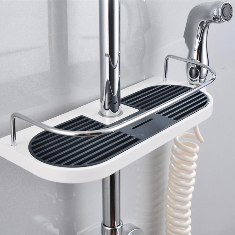 Bathroom Pole Shelf Shower Storage Caddy Rack Organiser Tray Holder Drain Shelf - Rectangle - Image 2