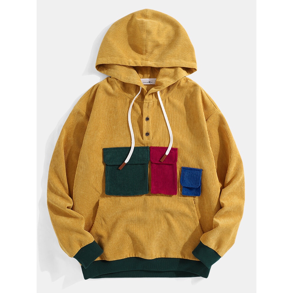 Mens Corduroy Half Button Casual Drawstring Hoodies With Patched Pocket - Yellow S
