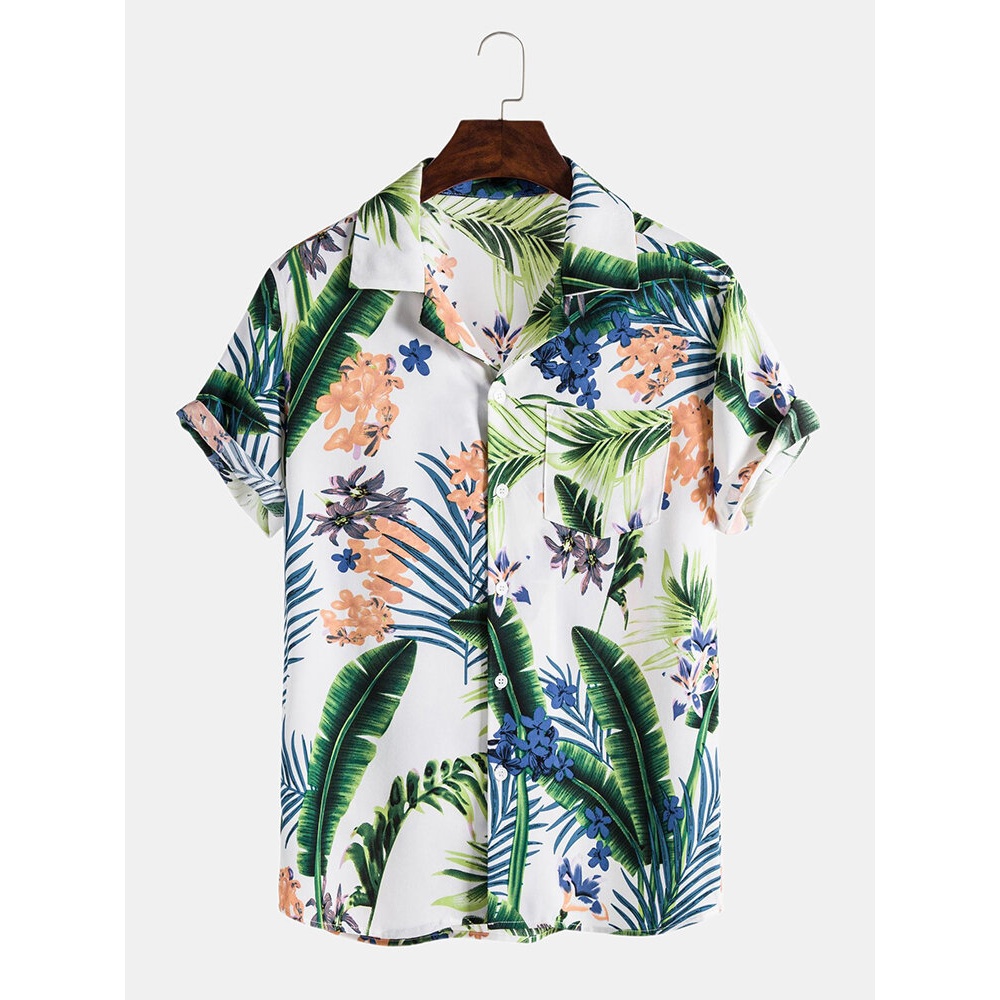 Mens Tropical Plant Floral Print Breathable Short Sleeve Chest Pocket Holiday Shirts - Black S