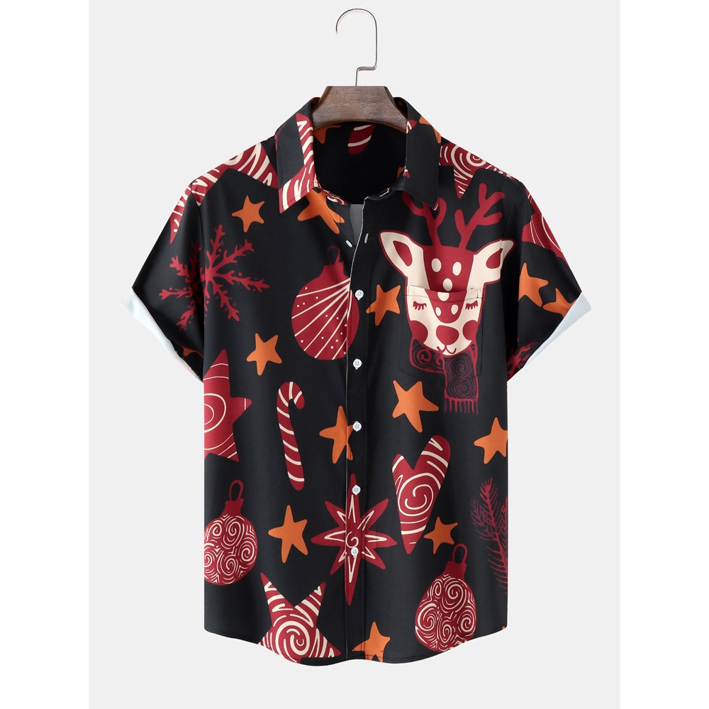 Mens  Cartoon Elk Printed Button Up Short Sleeve Shirts - Black S