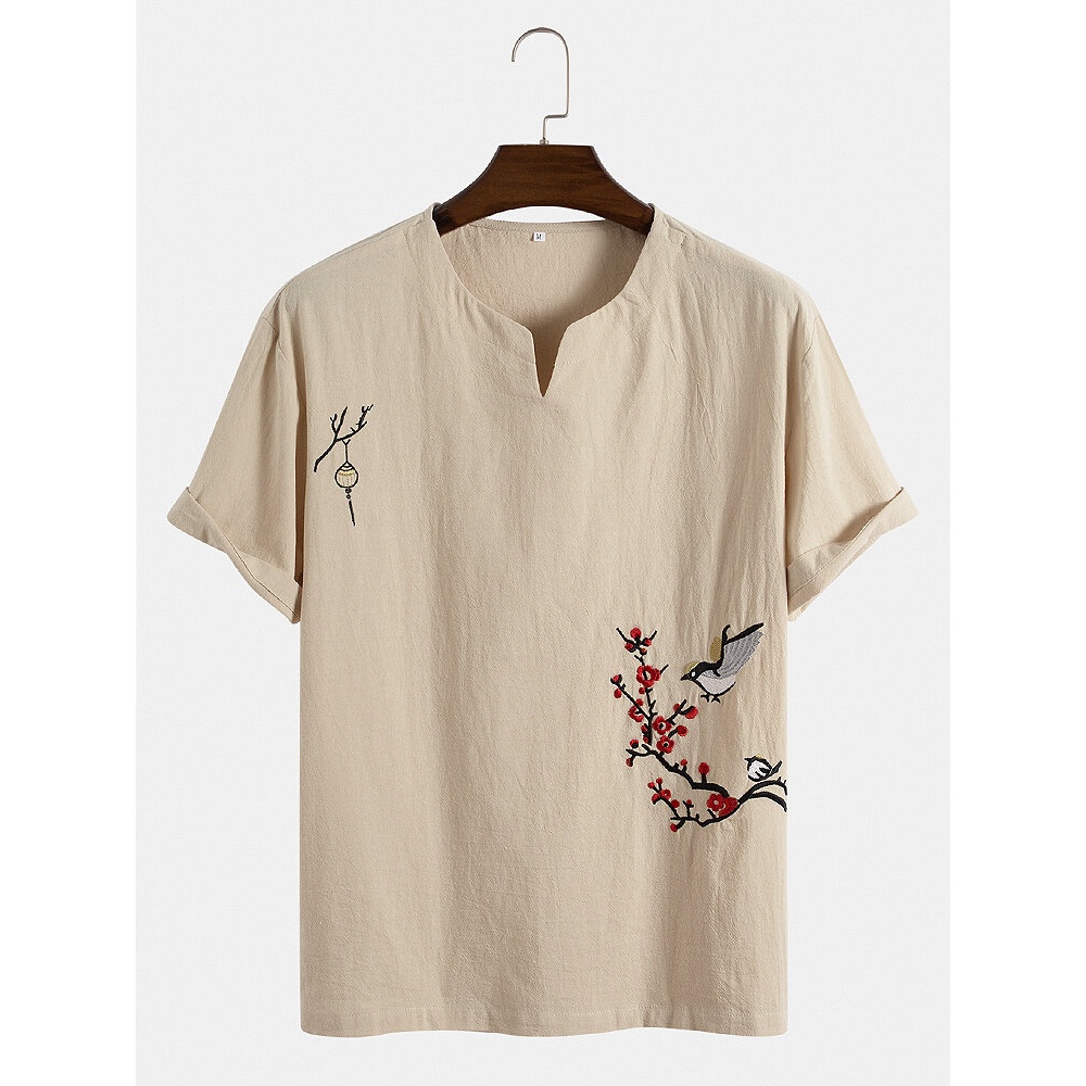 Mens Bird Flower Embroidery 100% Cotton Shirts - Apricot S