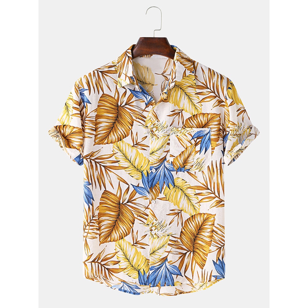 Mens Cotton Tropical Plant Leaves Print Turn Down Collar Hawaii Holiday Short Sleeve Shirts - Navy 2XL