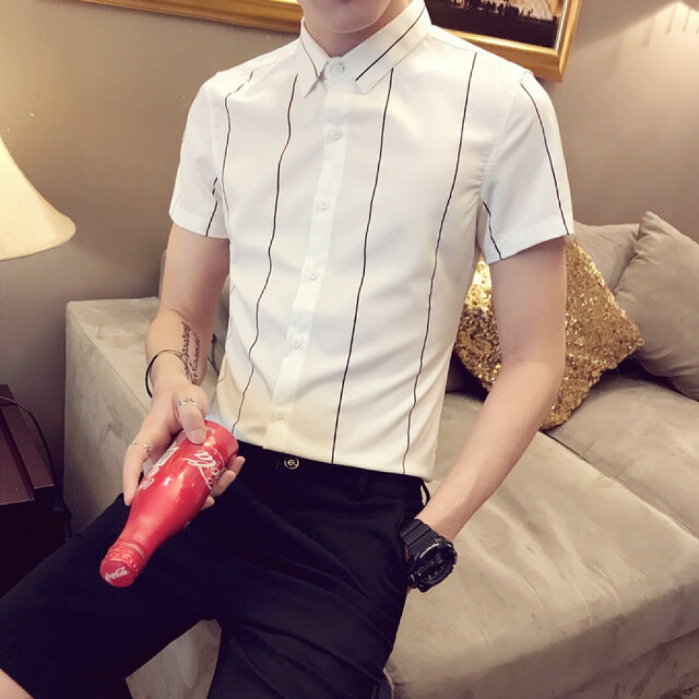Men Short-sleeved Shirt Slim Fashion Striped Shirts - M White
