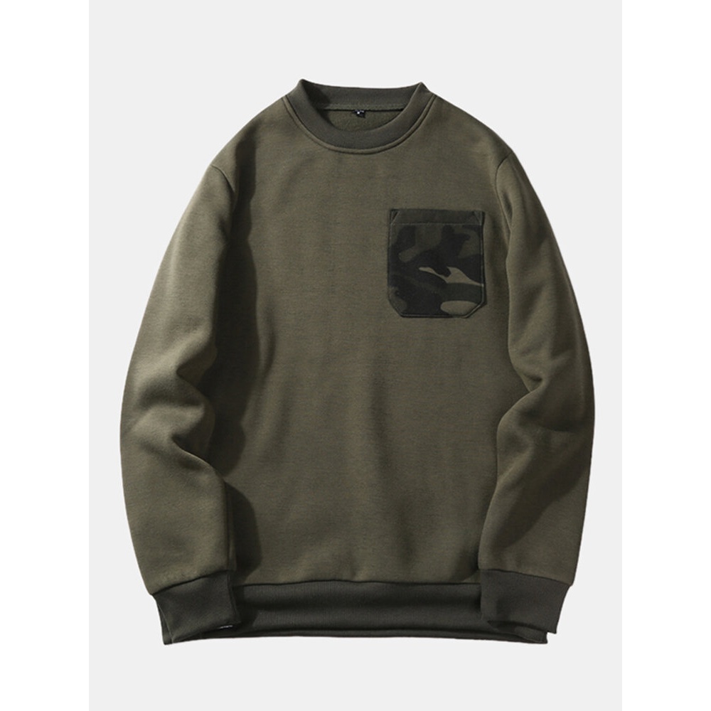 Mens Solid Color Crew Neck Long Sleeve Casual Sweatshirt - L Khaki