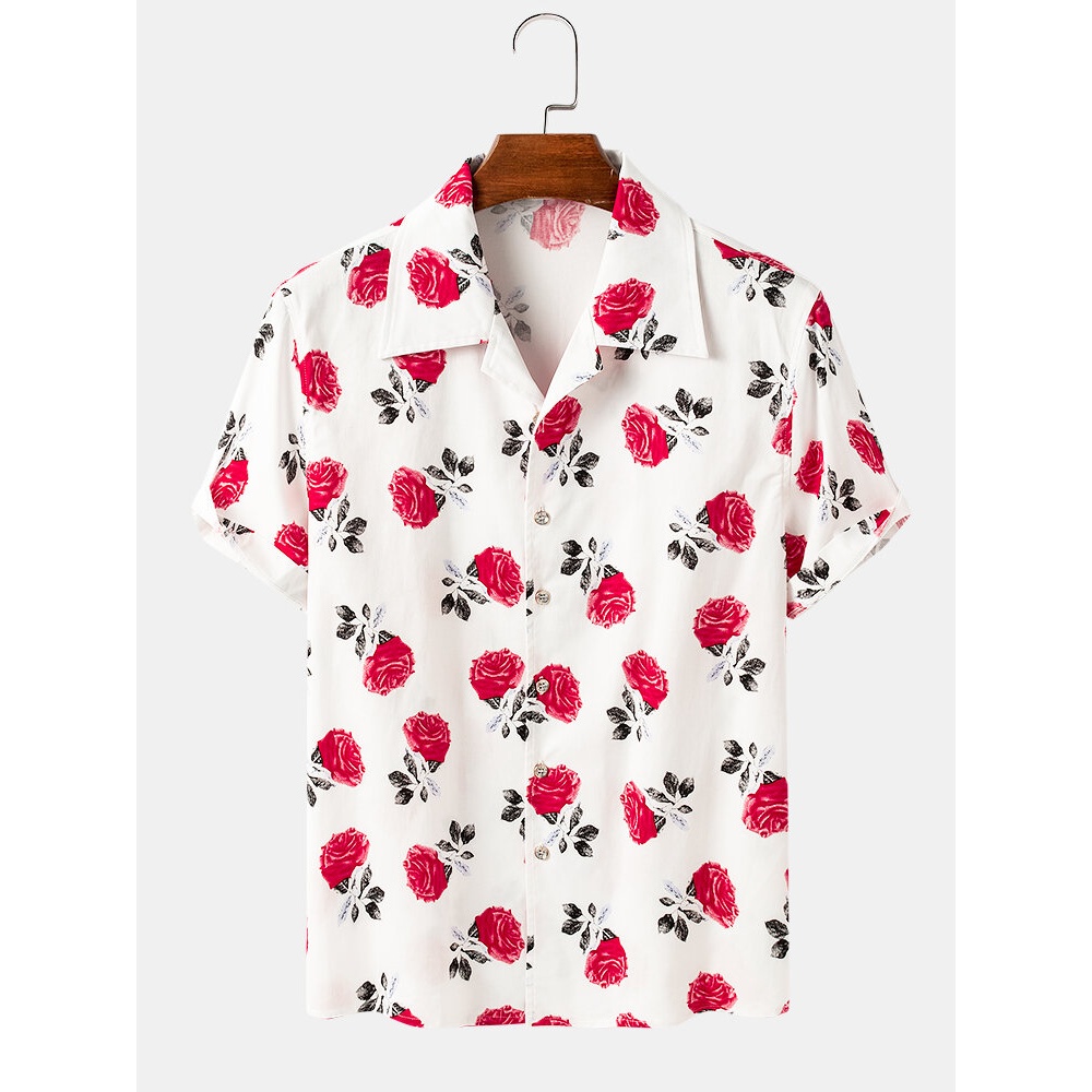 Hawaii Style Mens Rose Print Lapel Collar Cotton Short Sleeve Shirts - Navy 2XL