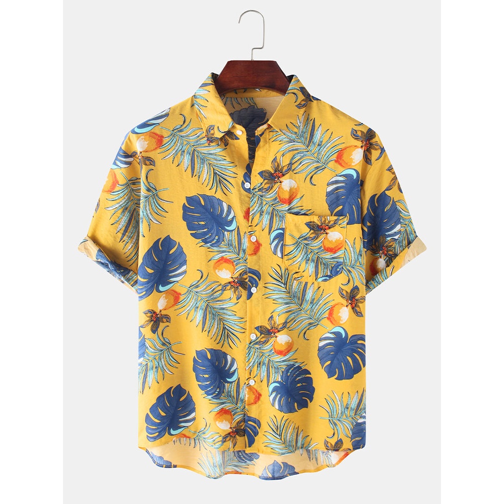 Mens Tropical Plant Leaf Print Light Casual Short Sleeve Shirts - White M
