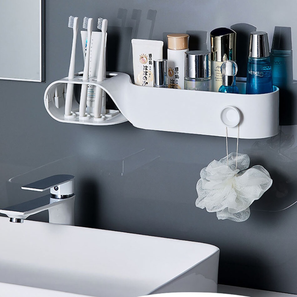 Wall-Mounted S Shape Toothbrush Holder Waterproof Strong Load-bearing Storage Rack Nail-free Bathroom Shelf - Image 2