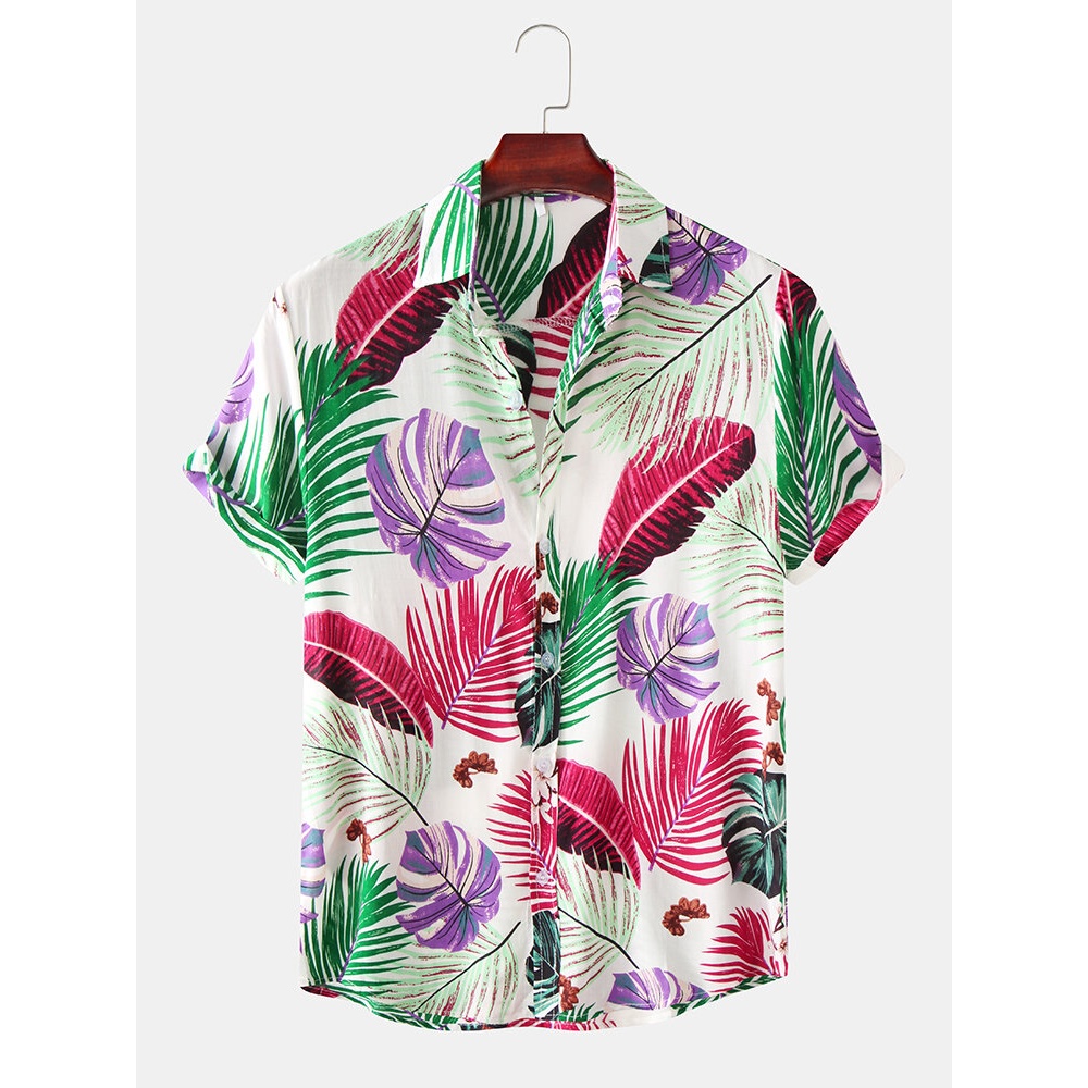 Men Color Block Leaves Print Turn Down Collar Hawaii Beach Short Sleeve Shirts - White S
