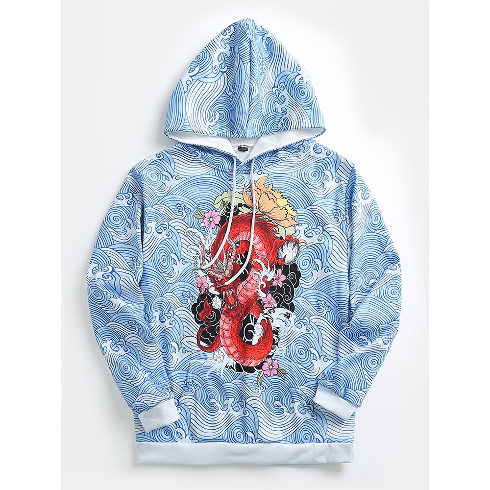 Mens Dragon Waves Printed Streetwear Kangaroo Pocket Hoodies - Blue XL