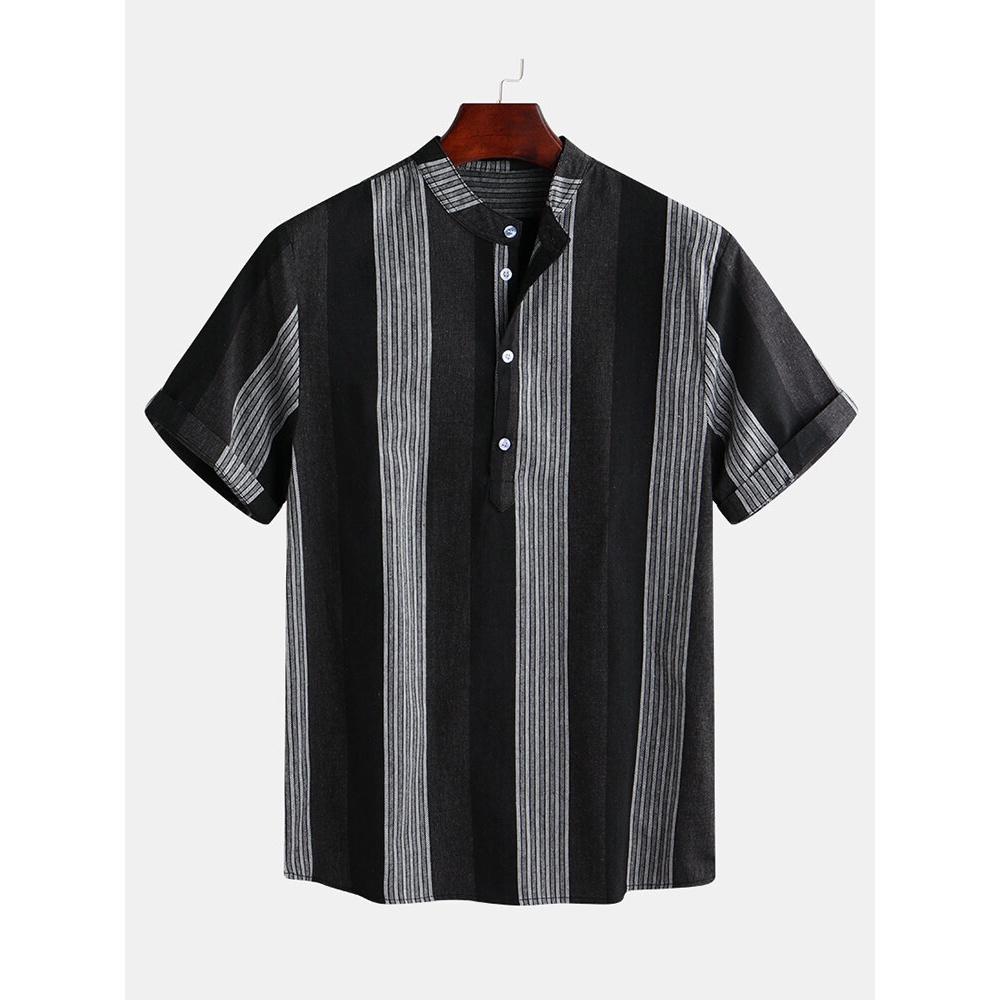 Mens Summer Big Stripe Design Loose Short Sleeve Casual Shirts - S Coffee