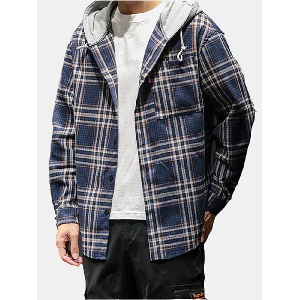 Men Plaid Casual Loose Cotton Long Sleeve Hooded Shirts - L Red