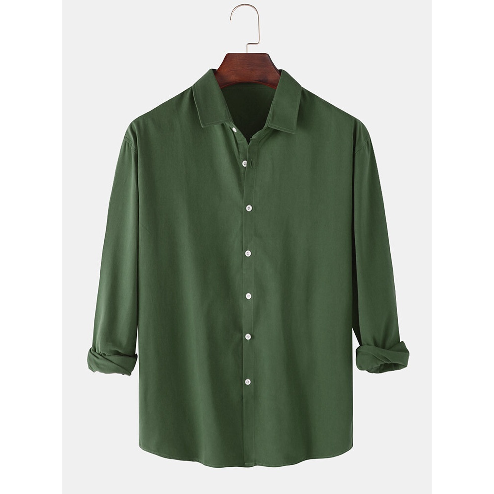 Mens Cotton Solid Color Basic Lapel Regular Fit Button Up Long Sleeve Shirts - Green XL