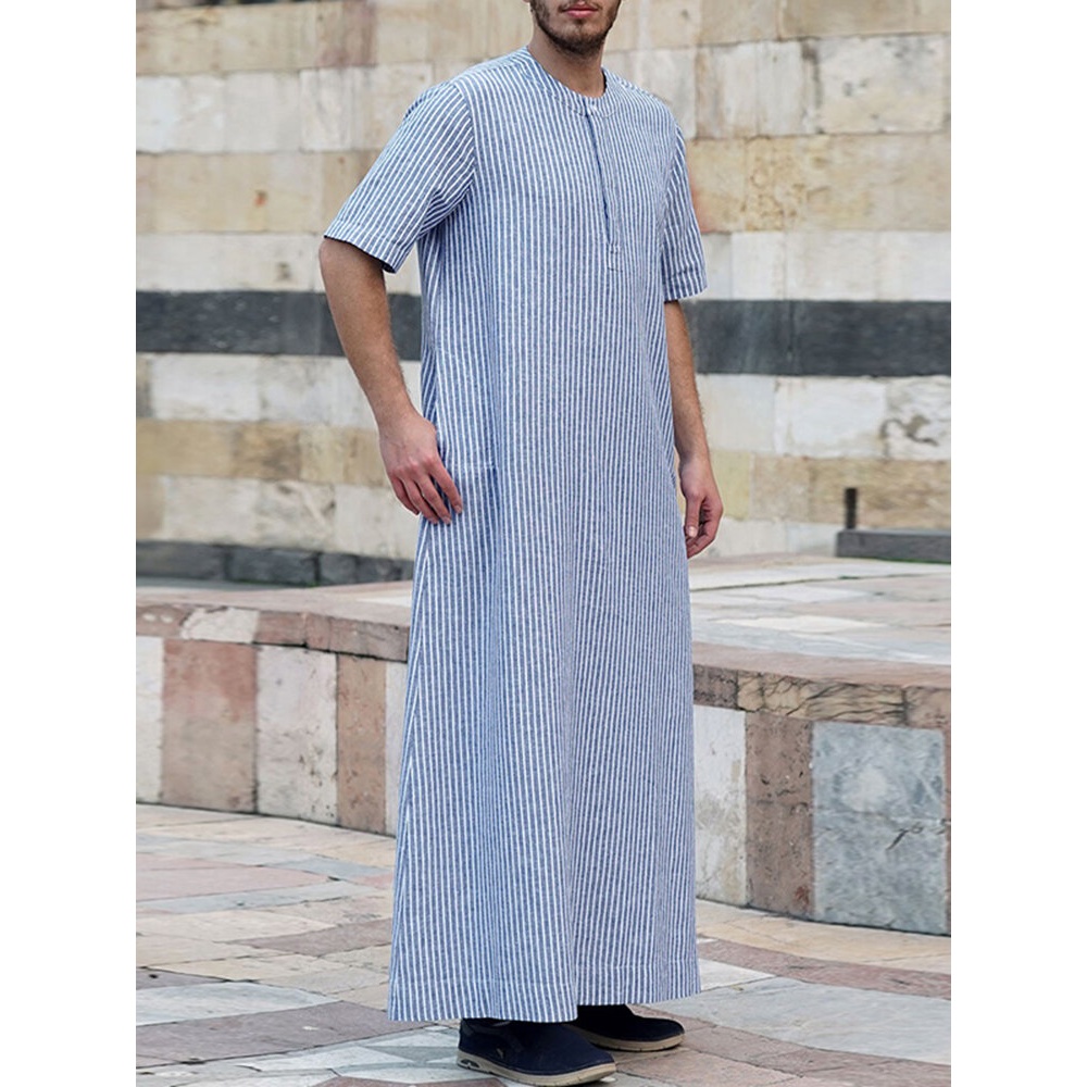Mens 100% Cotton Striped Casual Robe Kaftan - Blue S