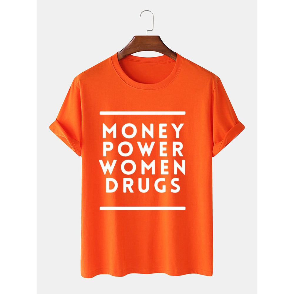 Mens Money Power Letter Print Cotton O-Neck Casual Loose Short Sleeve T-Shirt - Black M