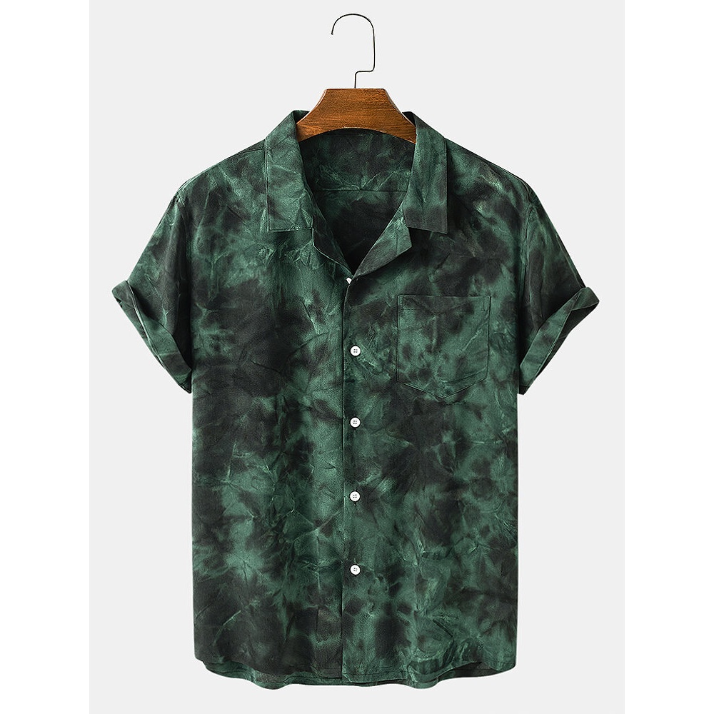 Mens Tie-Dye Button Up Casual Short Sleeve Shirts With Pocket - Blue L