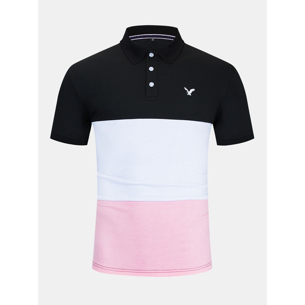 Mens Business Patchwork Buttons Cotton Casual Golf Shirts - Black S