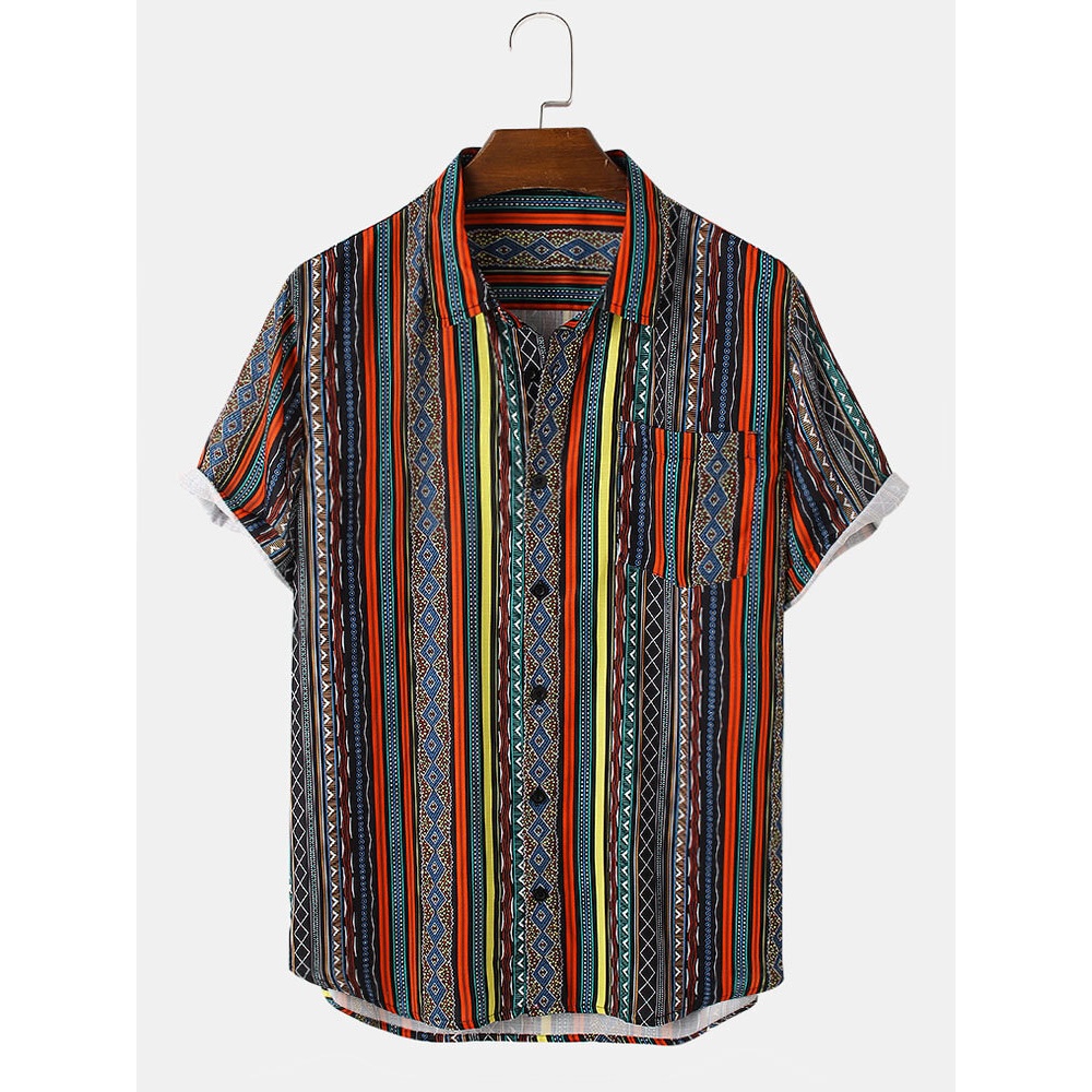 Mens Geometry Stripe Print Lapel Pocket Short Sleeve Shirts - Blue S