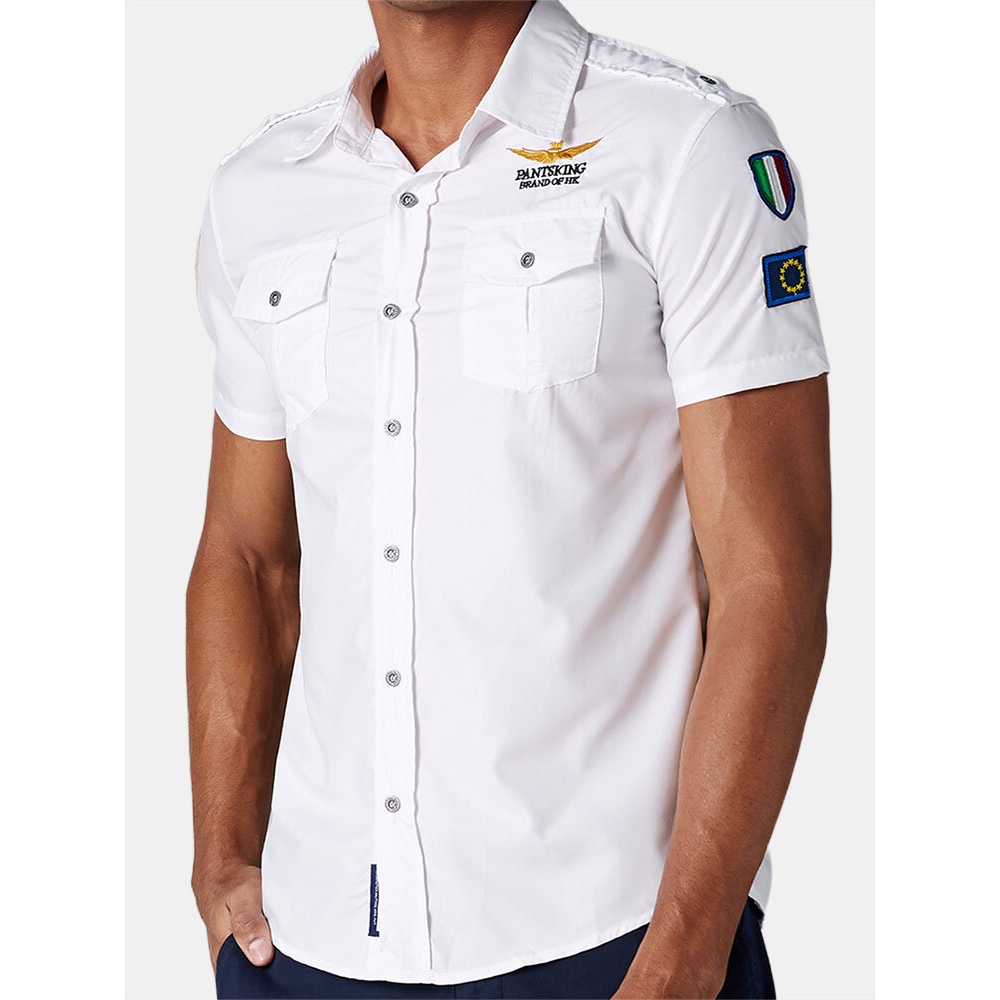 Mens Cotton Fashion Slim Tide Uniform Short Sleeved Shirts - M White