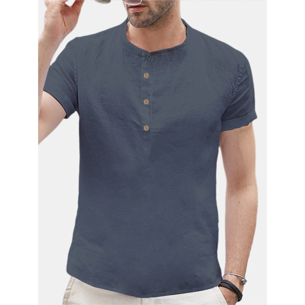 Men's Retro Solid Linen Cotton Shirts Casual Summer Soft Cool Tops Blouse Tee US - S Navy