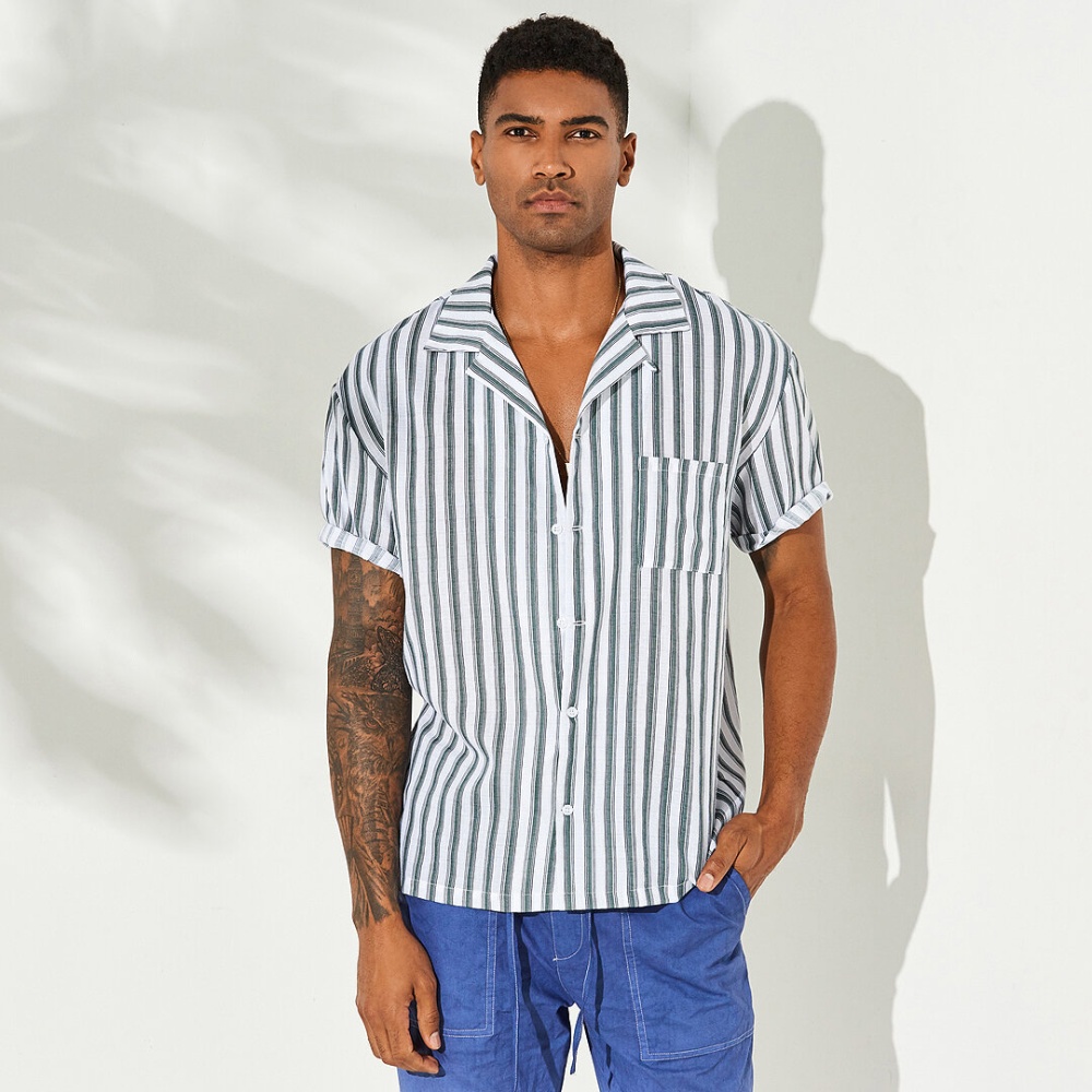Men Vertical Stripe Short Sleeve Relaxed Revere Shirts - XL Green