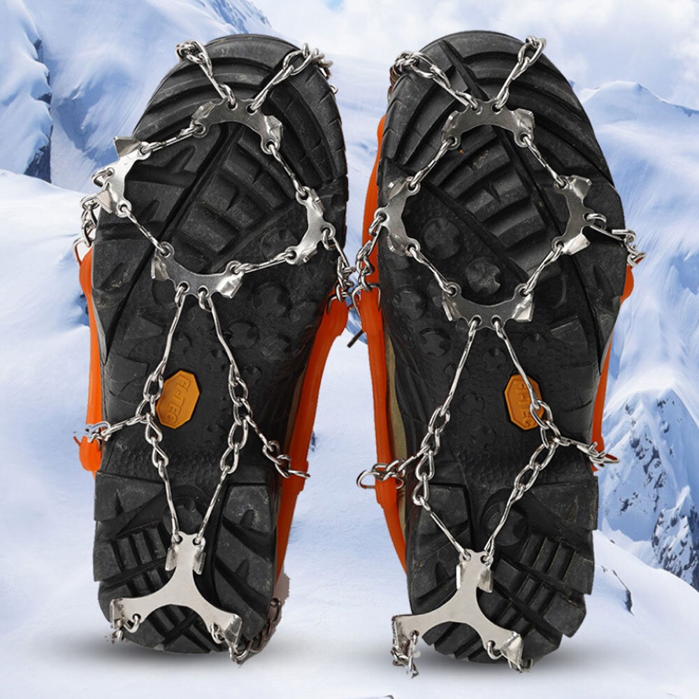 AUTO 12-teeth Ice Grip Stainless Steel Welding Chain Crampons Ice Cleats Non-slip Shoe Cover for Camping Climbing Snow Skiing - M Orange - Image 2