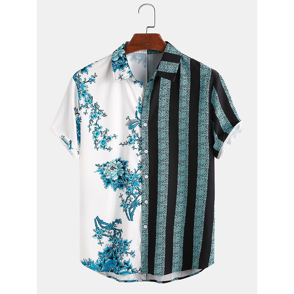 Men 100% Cotton Porcelain Stripe Mixed Print Short Sleeve Casual Holiday Shirts - Blue M