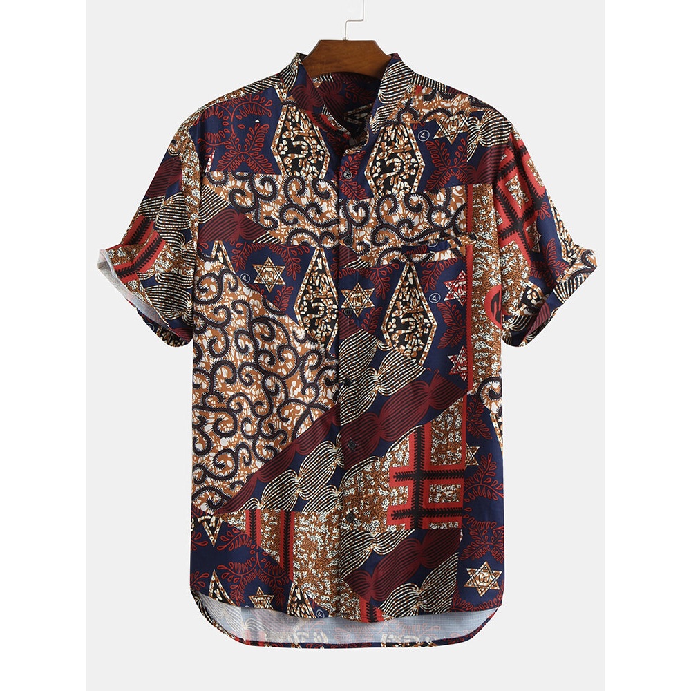 Mens Vintage Printing Casual Loose Henley Shirts - XL Red