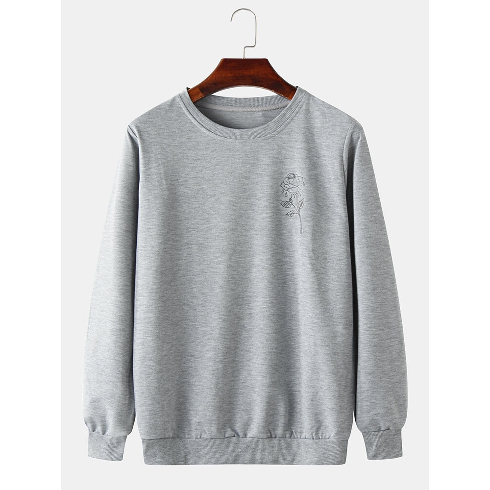 Mens Simple Rose Pattern Cotton Round Neck Casual Loose Pullover Sweatshirt - Light Grey M