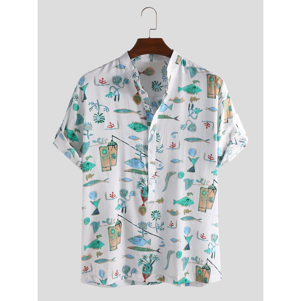 Men Cartoon Fish Print Half Sleeve Henley Shirts - 2XL Red