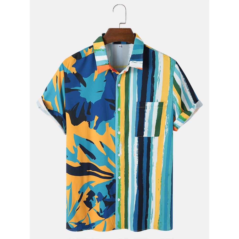 Mens Casual Flower Striped Patchwork Shirts - Green S