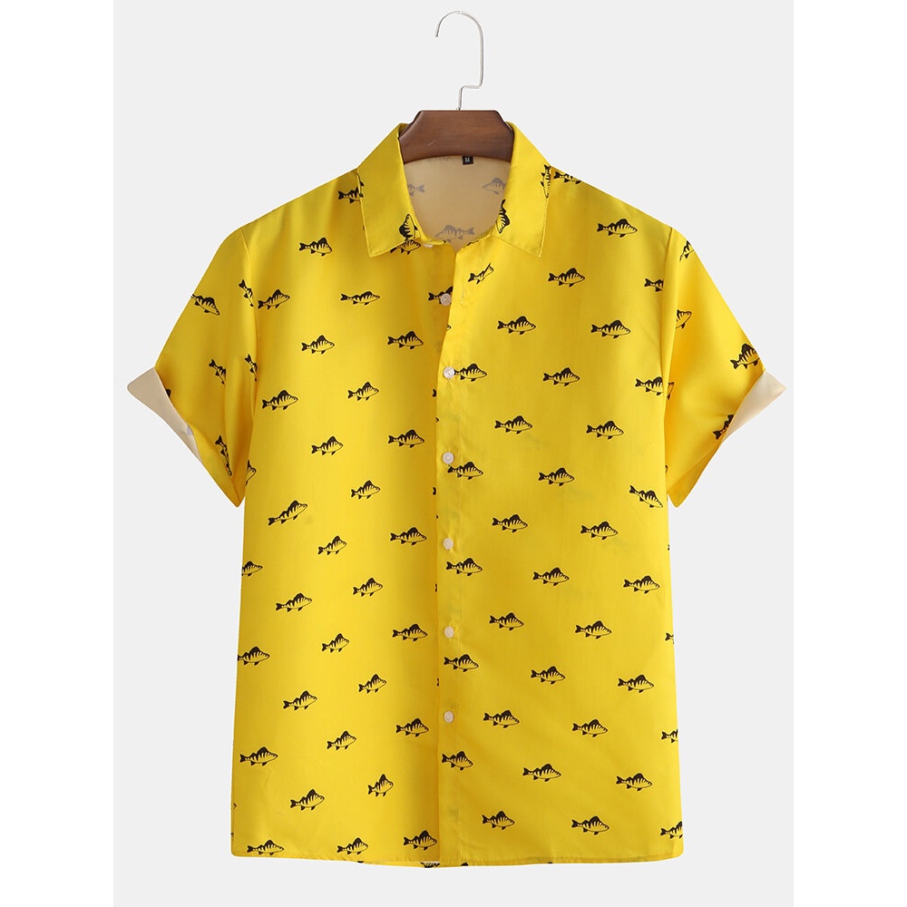 Mens New Fashion Casual Fish Printed Short Sleeve Shirts - M Yellow