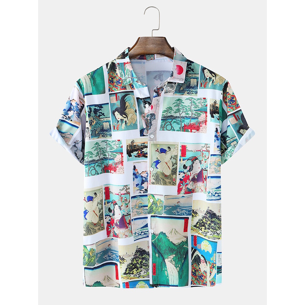 Mens Cartoon Ethnic Character Print Lapel Short Sleeve Shirt - White M