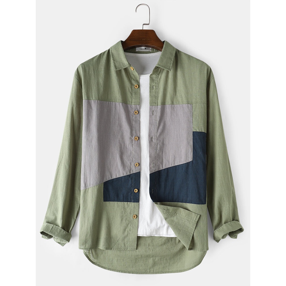 Mens Breathable 100%Cotton Irregular Patchwork Long Sleeve Casual Shirts - Green S