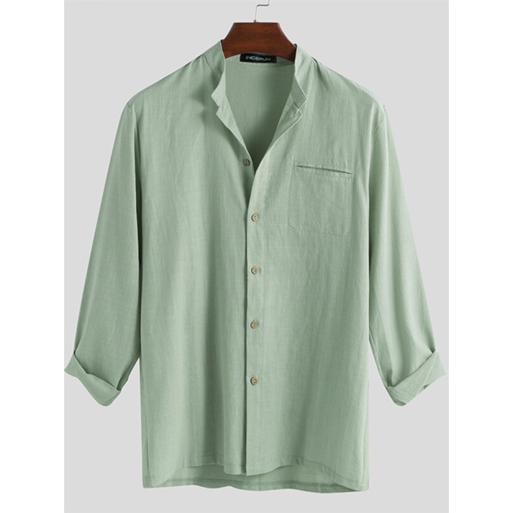 Mens Fashion 100% Cotton Pocket Solid Color Casual Shirts - S Green
